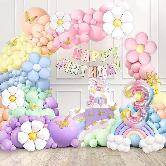 Daisy 219Pcs Balloons Garland Kit with Number 3 Balloon, Banner, Cake Topper, Rainbow Birthday Party Decorations for 3 Year Old Girl-CubbioJoy