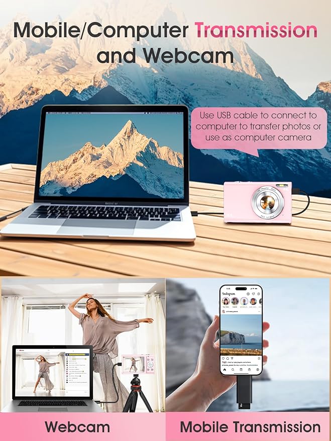 Digital Camera,Autofocus 4K Vlogging Camera for Photography with 32GB Card,48MP Portable Compact Point and Shoot Digital Camera for Teens Adult Beginner with 16X Zoom,Anti-Shake,2 Batteries(Pink)-CubbioJoy