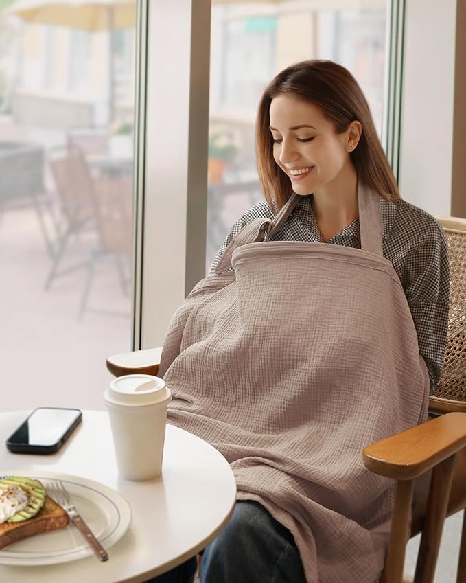 Blissful Diary Muslin Nursing Cover for Breastfeeding, Breathable Breastfeeding Cover up with Arch Neckline for Women, Nursing Apron (Agreeable Gray)-CubbioJoy