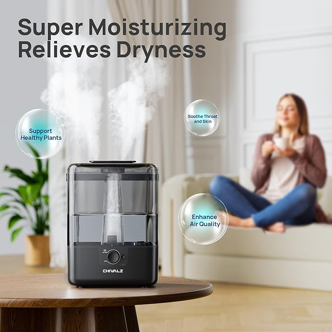 CHIVALZ 6L Humidifiers for Bedroom Large Room Home, Cool Mist Top Fill Humidifiers for Baby Nursery and Plants, 26dB Quiet, Nightlight, Up to 50 Hours, Oil Diffuser 1 Pack + 2 Mist Outlets Black-CubbioJoy