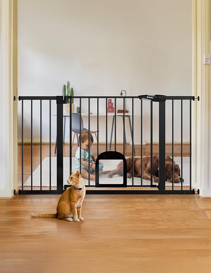 Babelio 36.5-57" Extra Wide Baby Gate with Cat Door,Auto Close&Two Way Swing,Pressure Mounted Dog Gates for Stairs,Doorways,Includes 4 Wall Cups and 3 Extension Pieces,Black-CubbioJoy
