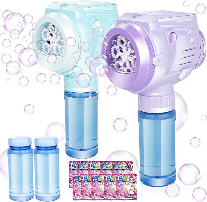 Automatic Bubble Guns with Light, Zealous 2pc High Output Bubble Machines with Bubble Solution & Bubble Concentrate,Handheld Battery Operated Bubble Maker Toys for 3000+ (Bubble-White)-CubbioJoy