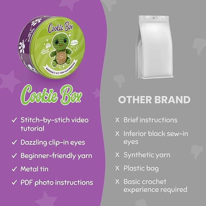 Cookie Box Crochet Kit for Beginners - Learn to Craft Amigurumi Stuffed Animals - Knitting Gift for Kids and Adults - Beginner-Friendly Yarn - Stitch-by-Stitch Video Tutorial - Turtle Hugo-CubbioJoy