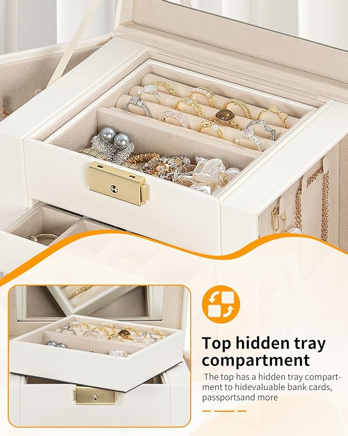 AKOZLIN 5-Tier Jewelry Box Leather Jewelry Storage Organizer with 4 Drawers Lockable for Women Girls Ring Necklace Earring Bracelet Watches Holder with Mirror White-CubbioJoy