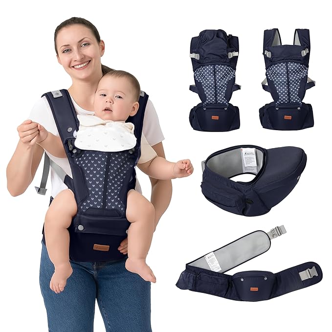 BabbleRoo Grow Carrier – Safety-Certified 6-in-1 Baby Carrier with Hip Seat, Ergonomic & Adjustable Toddler Carrier 7-50 lbs with Hip Support, Hood for Sun Protection, Newborn to Toddler, Navy Hearts-CubbioJoy