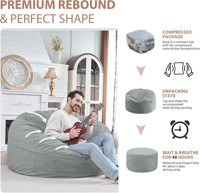 5FT Bean Bag Chair, Large Bean Bag Chairs with Memory Foam Filled, Fluffy Beanbag Sofa with Dutch Velvet Cover, Round BeanBag Chairs for Living Room, Playroom - Light Grey-CubbioJoy