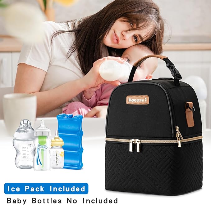 Breastmilk Cooler Bag with Ice Pack & Mat Fit 6 Bottles Up to 9 Ounce, Baby Bottle Cooler Bag for Moms, Daycare & Travel, Black-CubbioJoy