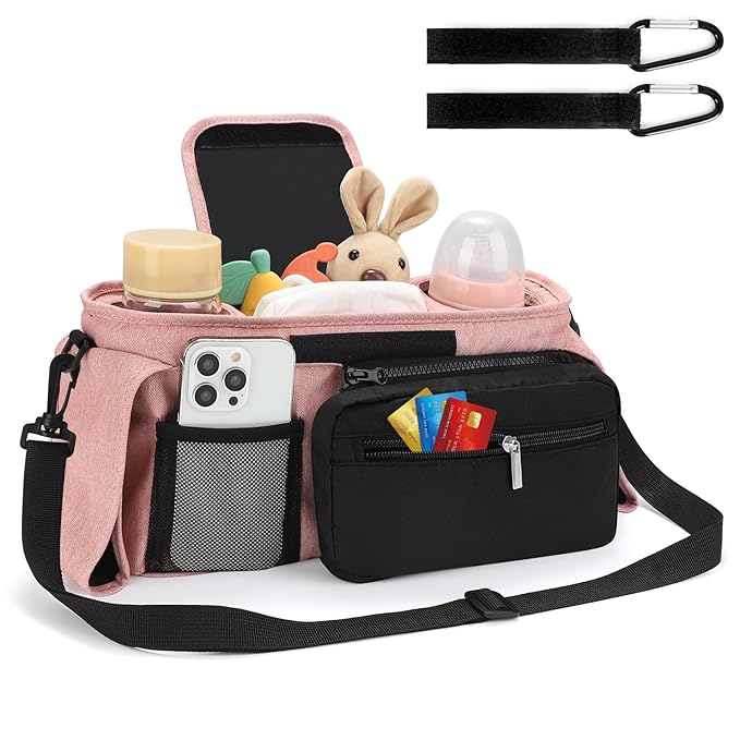 Accmor Universal Stroller Organizer with Insulated Cup Holder Detachable Phone Bag and Shoulder Strap,Stroller Bag Caddy Organizer Fits for Uppababy, Baby Jogger, Britax Strollers-CubbioJoy