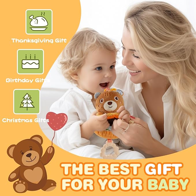 Jollybaby Baby Musical Pull String Hanging Toys for Stroller Car Seat Crib Play Gym, Plush Stuffed Hamburg Bear Toy for Carseat with Music Teether Crinkle, Sensory Toy for 0-6-12-18 Months Baby Gifts-CubbioJoy