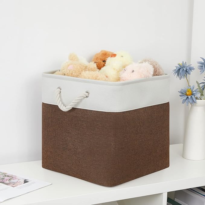 Bidtakay Collapsible Rustic Cube Storage - Brown Cloth Baskets with Handles, 13x13x13 Inch, Set of 3 Fabric Storage Bins-CubbioJoy