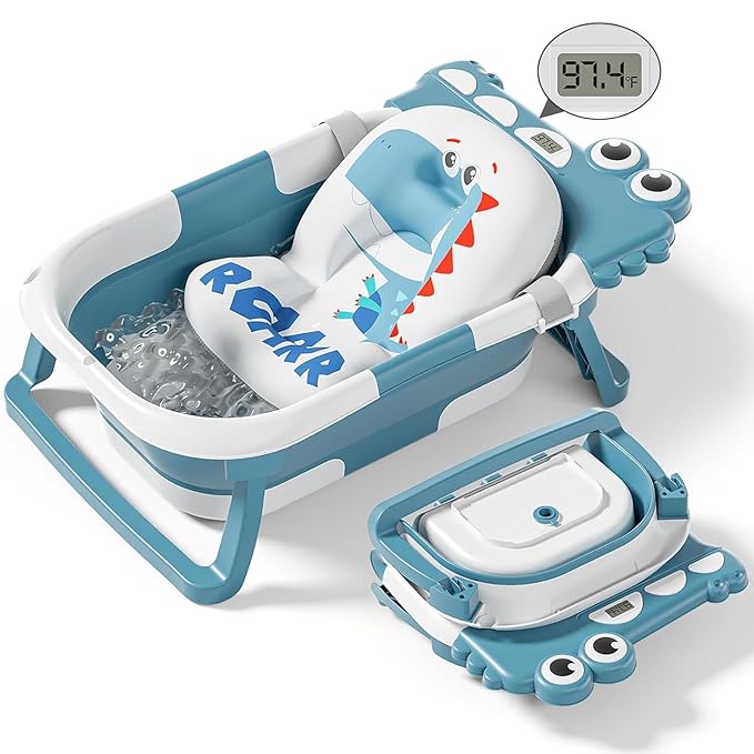 Collapsible Baby Bathtub for Newborn, Foldable Baby Bath Tub with Thermometer & Soft Floating Cushion & Drain Hole, Portable Travel Infant Bath Tubs for Newborns to Toddler 0-36 Months Girl, Blue-CubbioJoy