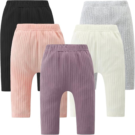 Baby and Toddler Girl's 5 Pack Cotton Ribbed Pull On Pants Leggings 0-4 Years-CubbioJoy