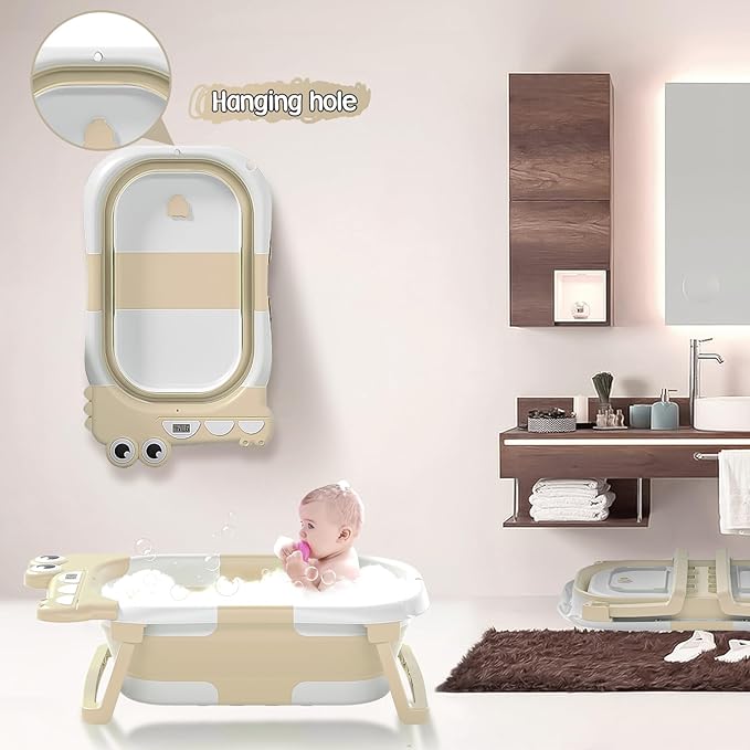 Collapsible Baby Bathtub for Newborn, Foldable Baby Bath Tub with Thermometer & Soft Floating Cushion & Drain Hole, Portable Travel Infant Bath Tubs for Newborns to Toddlers 0-36 Months Boys, Beige-CubbioJoy