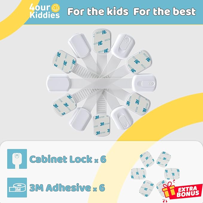 4our Kiddies Child Safety Cabinet Locks for Babies (6 Pack), Child Proof Latches for Cabinets and Drawers Doors, Baby Proofing Cabinet Strap Locks for Cupboard and Closet with 6 Pcs Extra 3M Adhesives-CubbioJoy