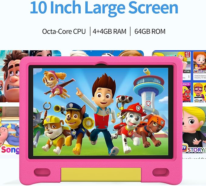 JREN Kids Table 10.1" ｜Android 14 Tablet for Kids｜64GB Storage｜Octa-Core｜WiFi ｜Cameras｜Parental Control｜Kids Content｜Case Included Great Gift for Children Ages 3-12 Years Old Pink-CubbioJoy