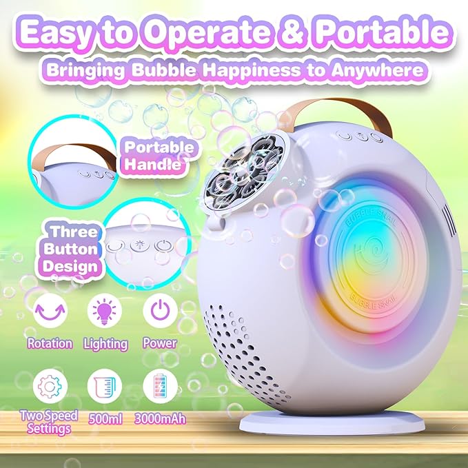 Bubble Machine, Automatic Bubble Maker Rechargeable, 15000+ Big Bubbles per Min, Colorful LED Lights, 90° 360° Rotatable Portable Electric Bubbles Toy for Kids Toddlers, Outdoor Wedding Party Gifts-CubbioJoy