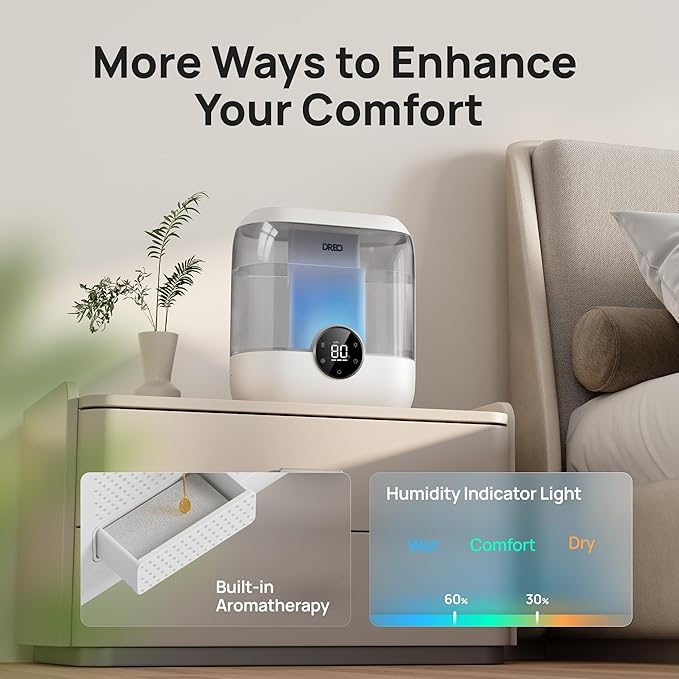 Dreo 6L Humidifiers for Bedroom, Quiet Supersized Cool Mist Ultrasonic Humidifier with Diffuser, 60 Hour Runtime for Home, Nursery, Plant, Gray-CubbioJoy