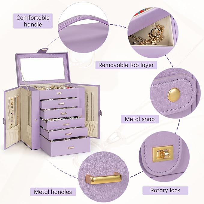 AKOZLIN Extra Large 6-Tier Jewelry Box Organizer Functional Huge, 5 Drawers Leather Jewelry Storage Case for Women Girls Ring Necklace Earring Bracelet Holder Organizer with Mirror Violet-CubbioJoy