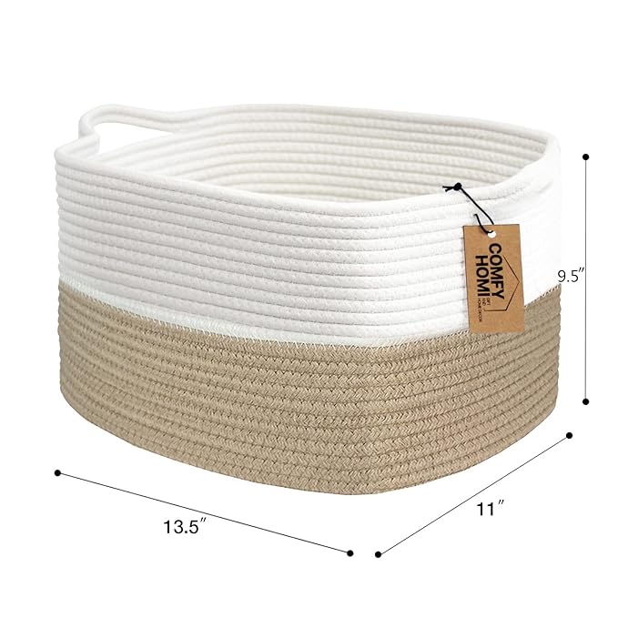 COMFY-HOMI Cotton Rope Woven Basket with Handles for Shelves,Toys,Book, Cloth Storage Baskets Bin for Organizing-13.5"x11"x9.5" Toy Decorative Organizer for Living Room, Bathroom-Light Brown-CubbioJoy
