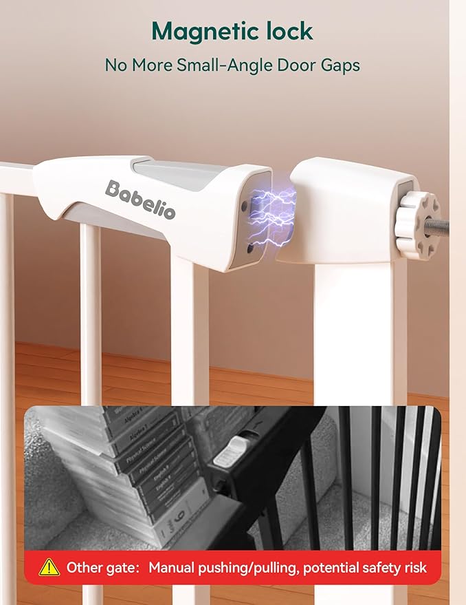 Babelio 29-43" Magnetic Baby Gate for Stairs,Doorways House,Kitchen,30" Tall Pet Barrier with Baffles,Pressure Mounted & Dual-Lock Design Safety for Kids Toddler,Auto-Close/Hold-Open,White-CubbioJoy