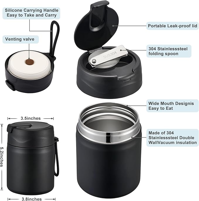 17oz Soup Thermo for Hot Food Kids,Insulated Food Jar with Spoon,Thermo Hot Food Lunch Container,Wide Mouth Leakproof Stainless Steel Lunch Box for School-Black-CubbioJoy