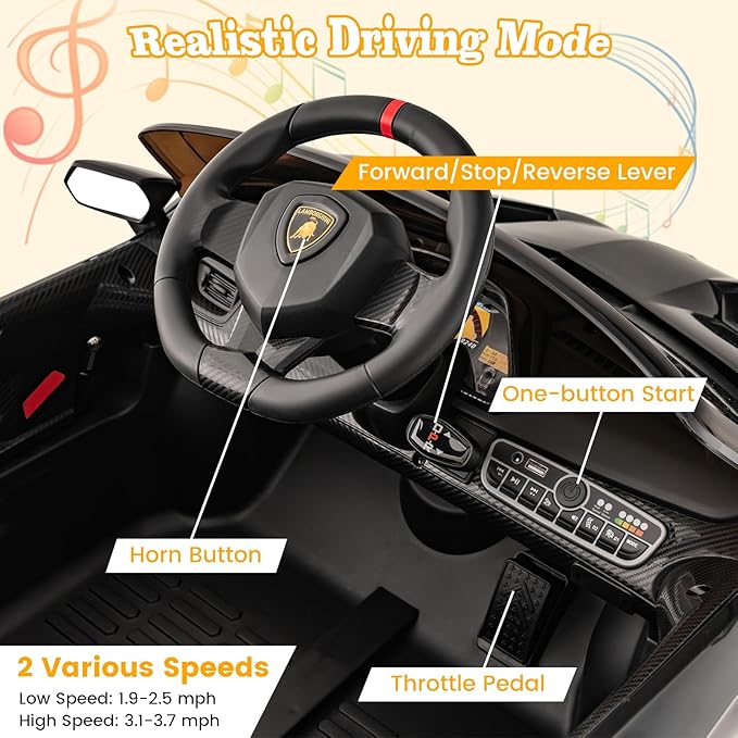 Costzon Ride on Car, Lamborghini Licensed 12V Battery Powered 4WD Sports Car with Remote Control, 3 Speeds, Hydraulic Doors, LED Lights, Towing Wheel, Horn, Music, Electric Vehicle for Kids Aged 3-8-CubbioJoy