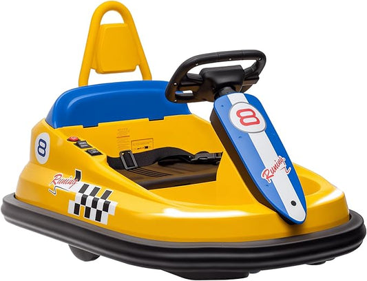 Aosom Toddler Bumper Car, 360° Rotation 6V Kids Electric Ride on Bumper Car with EVA Bumper Edges, Twins Motor, Songs, Horn, LED Lights, Safety Belt for 18-48 Months, Yellow-CubbioJoy