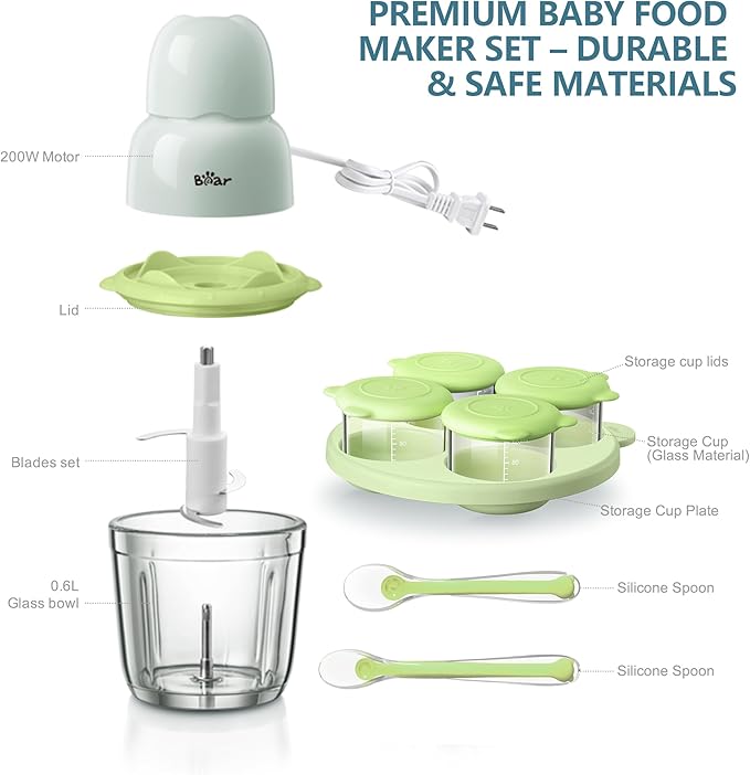 Bear Baby Food Maker, Baby Food Processor Set with Baby Food Containers, Silicone Spoons, Baby Food Puree Blender for Fruit, Vegetable, Meat, Make Fresh and Nutritious Meals for Your Little One-CubbioJoy