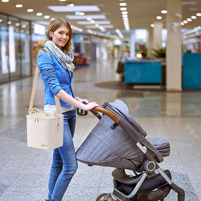 Breastmilk Cooler Bag with Ice Pack Fits 6 Baby Bottles Up to 9 Ounce, Baby Bottle Bag with Shoulder Strap for Nursing Mom Daycare, Cream-CubbioJoy