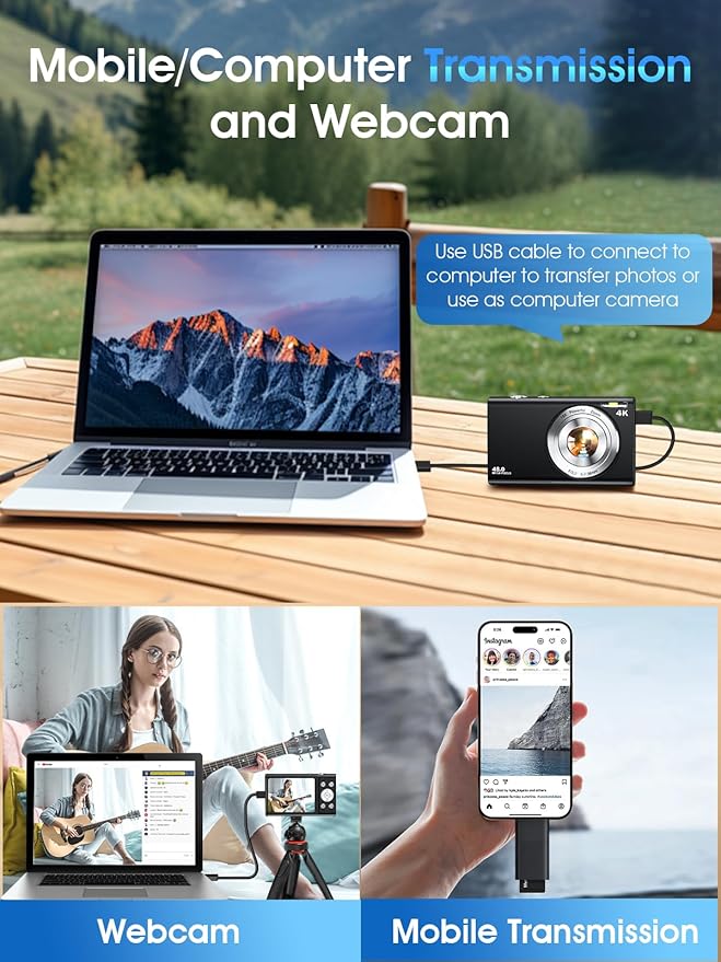 Digital Camera,Autofocus 4K Vlogging Camera for Photography with 32GB Card,48MP Portable Compact Point and Shoot Digital Camera for Teens Adult Beginner with 16X Zoom,Anti-Shake,2 Batteries(Black)-CubbioJoy