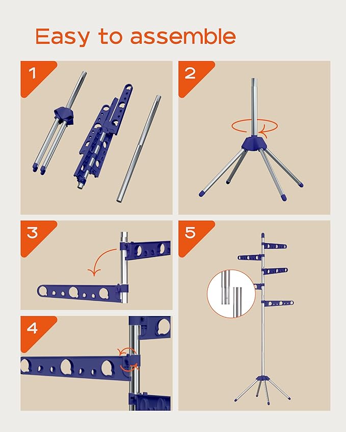 Clothes Drying Rack Foldable, 70.9 inch Tripod Drying Rack for 35 Pieces of Clothes, with Height-Adjustable Rotatable Clothes Rails, Space Saving, Stainless Steel, Blue and Silver CDR005Q01-CubbioJoy