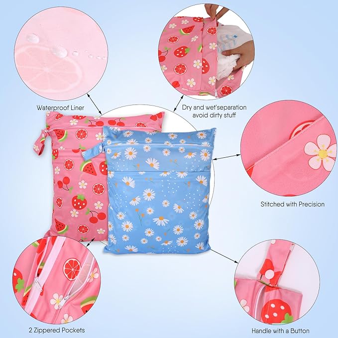 2pcs Travel Waterproof Laundry Bag, Cloth Diaper Wet Dry Bags with Handle & 2 Zipper Pockets, Reusable Washable Dirty Clothes Bag for Baby Adult Travelling Hanging, Bathing Beach Pool Daycare-CubbioJoy