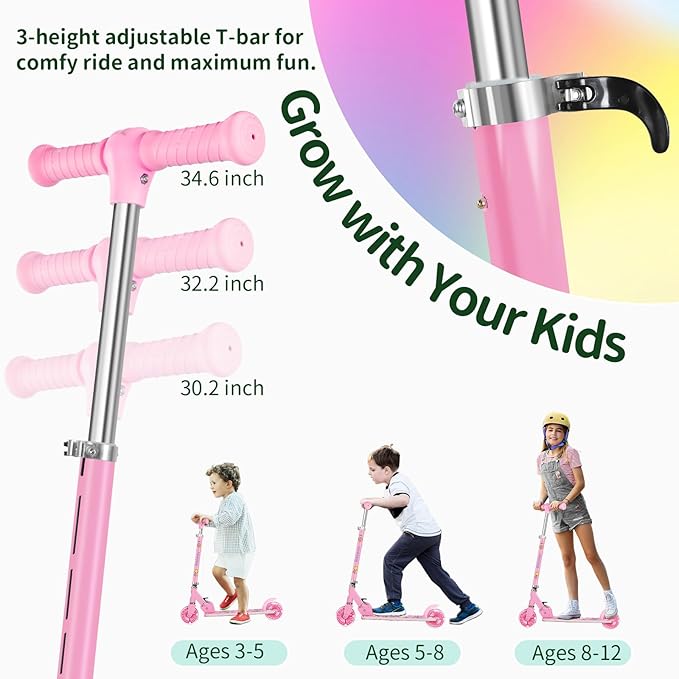 BELEEV V2 Scooters for Kids with Light-Up Wheels & Stem & Deck, 2 Wheel Folding Scooter for Girls Boys, 3 Adjustable Height, Non-Slip Pattern Deck, Lightweight Kick Scooter for Children Ages 3-12-CubbioJoy