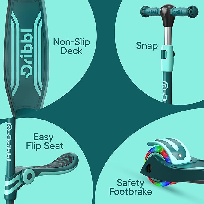 Aqua 3 Wheel Scooter with Seat for Kids – Light-Up LED Wheels, Adjustable Handlebar and Seat, Smooth PU Wheels, Wide Anti-Slip Deck, Rear Foot Brake – Toddler Outdoor Toys for Ages 2+-CubbioJoy