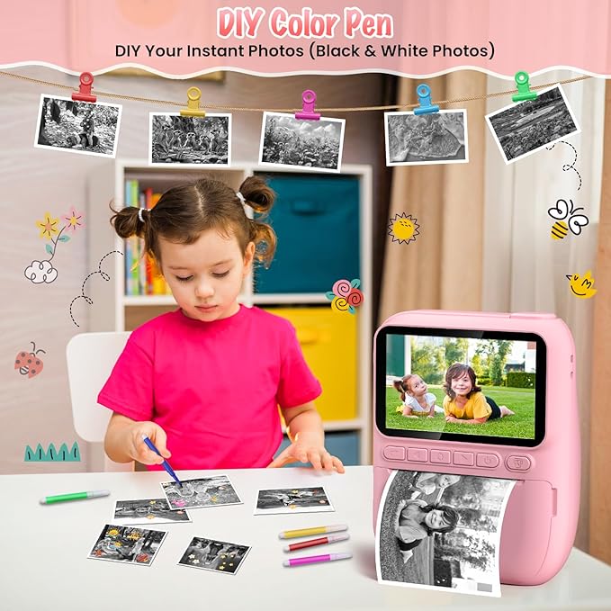Instant Print Camera for Kids, 3.0" HD 32MP Kids Camera 1080P with 3 Rolls of Printer Paper, Birthday Gifts Toy for 3-12 Year Old Girls Boys with 32GB SD Card-Pink-CubbioJoy