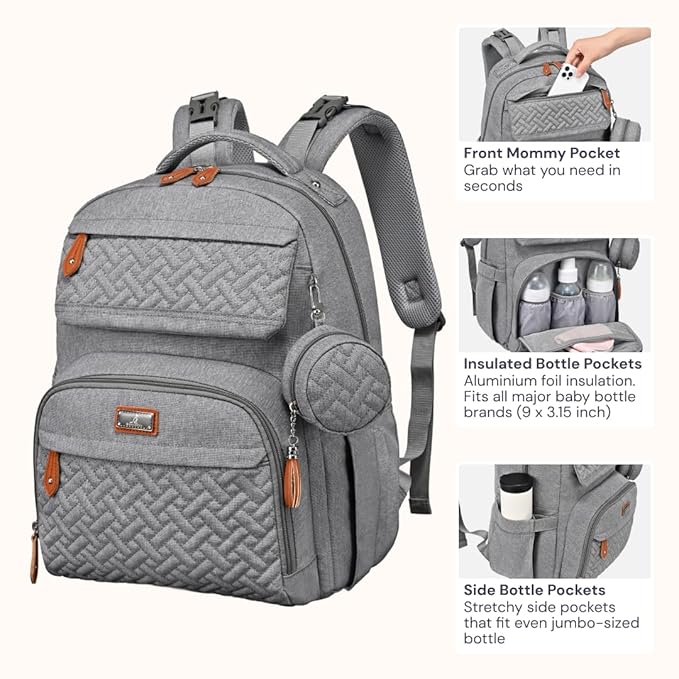 BabbleRoo Diaper Bag Backpack, Travel Backpack with Changing Pad, Pacifier Case & Stroller Straps, Multifunction, Waterproof, Unisex – Light Gray-CubbioJoy
