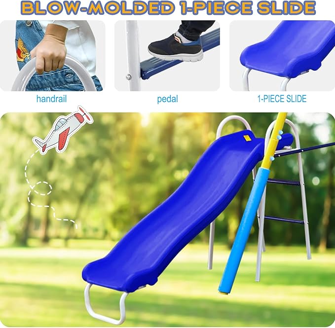 5-in-1 Swing Sets for Backyard for Kids 3-8, Tree Swings for Kids Outdoor with Slide, Basketball Hoop, Two Swing Seats and Gymnastics Rings-CubbioJoy
