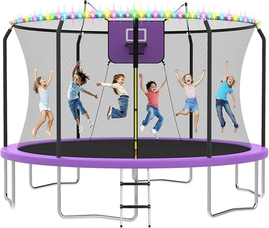8FT 10FT 12FT 14FT Outdoor Trampoline with Basketball Hoop and LED Lights, ASTM Approved Recreational Trampolines for Kids and Adults with Net and Ladder-CubbioJoy