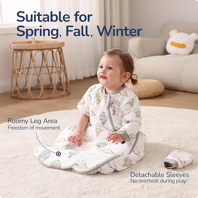 Baby Sleep Sack 18-24 Months, Cotton Detachable Long Sleeve Sleep Sack, 1.0 Tog Toddler Sleeping Sack with Temperature Strips, 2-Way Zipper Wearable Blankets for Newborns, Hot Air Balloon-CubbioJoy
