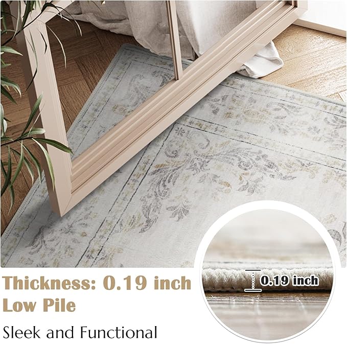 jinchan Vintage Floral 3x5 Area Rugs for Entryway - Machine Washable Distressed Design Ultra-Thin Low-Pile Soft Non-Shedding Carpet for Kitchen Bedroom Entrance Laundry Living Room (3x5ft,Light Grey)-CubbioJoy