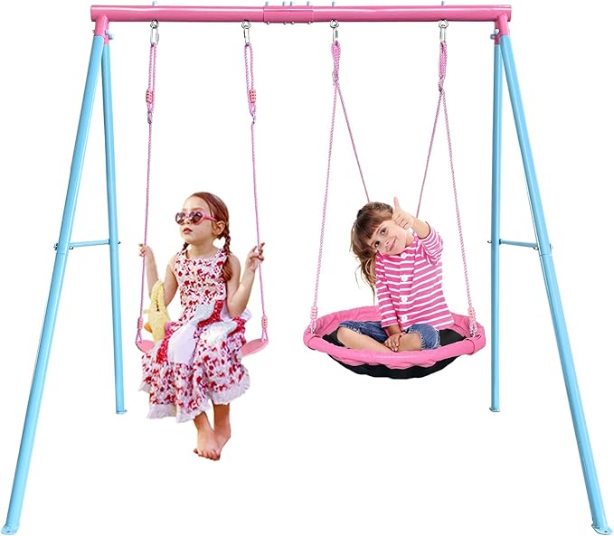 440lbs 2 Seat Kids Swing Sets for Backyard, 1 Saucer Tree Swing 32 inch, 1 Belt Swings, Heavy Duty Metal Swing Stand with Anchors(Pink+Blue)-CubbioJoy
