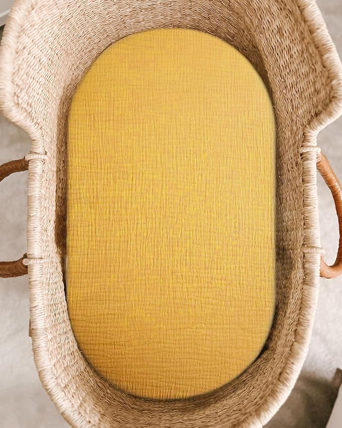 Bassinet Sheet for Baby Boy and Girl 2 Pack, Fitted Sheets for Rectangle, Oval, Hourglass Bassinet Mattress, Muslin Moses Basket Sheets with Neutral Style (Beige & Mustard Yellow)-CubbioJoy
