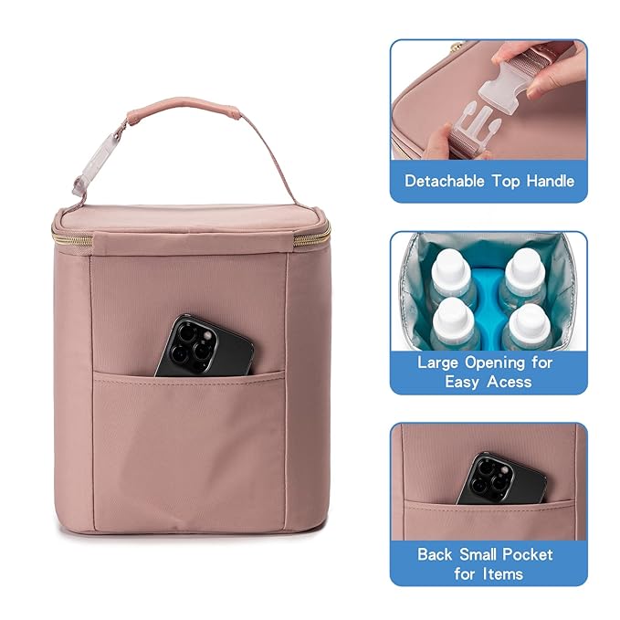 Breast Milk Cooler Bag with Ice Pack Fits 4 Baby Bottles Up to 9 Ounce, Baby Bottle Bag for Nursing Mom Daycare, Pink-CubbioJoy
