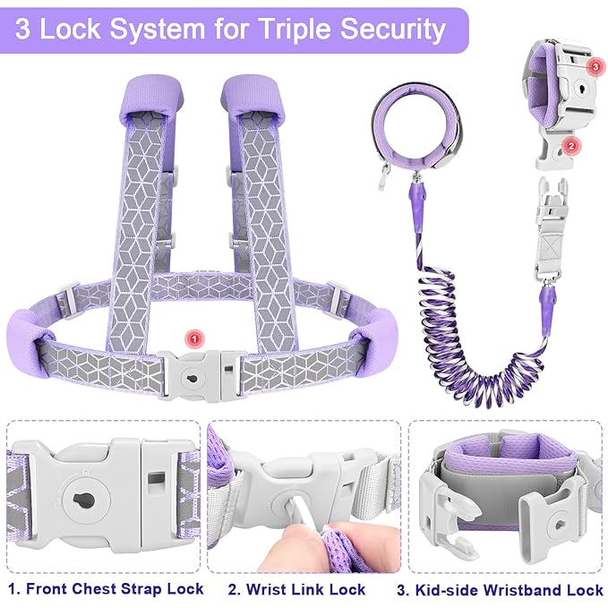 Accmor 3 in1 Toddler Harness Leash, Reflective kid Harness with Anti Lost Wrist Link, Harness Leash for Toddlers, Child Walking Harness kids Leash Wristband Rope Belt with Lock for Baby Girls (Purple)-CubbioJoy