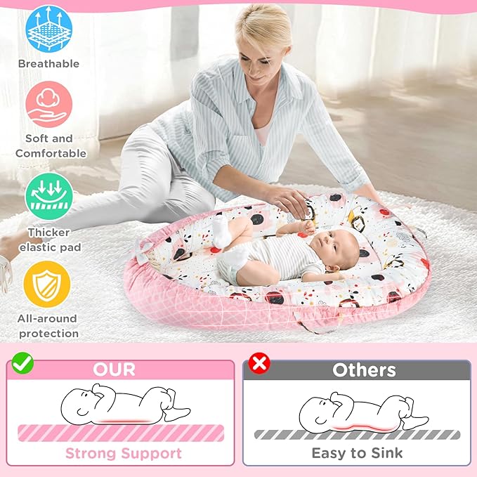 Baby Lounger - Baby Lounger for Newborn 0-24 Months, Breathable and Soft Cotton Cover Baby Nest, Portable Cozy Tummy Time Lounger for Home and Travel, Ideal Baby Essentials & Shower Gifts-CubbioJoy