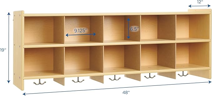 Angeles Value Line 10 Section Wall Locker, Classroom Shelves and Daycare Furniture, Cubby Storage Organizer with Hooks, 48" L x 12" W x 19" H-CubbioJoy