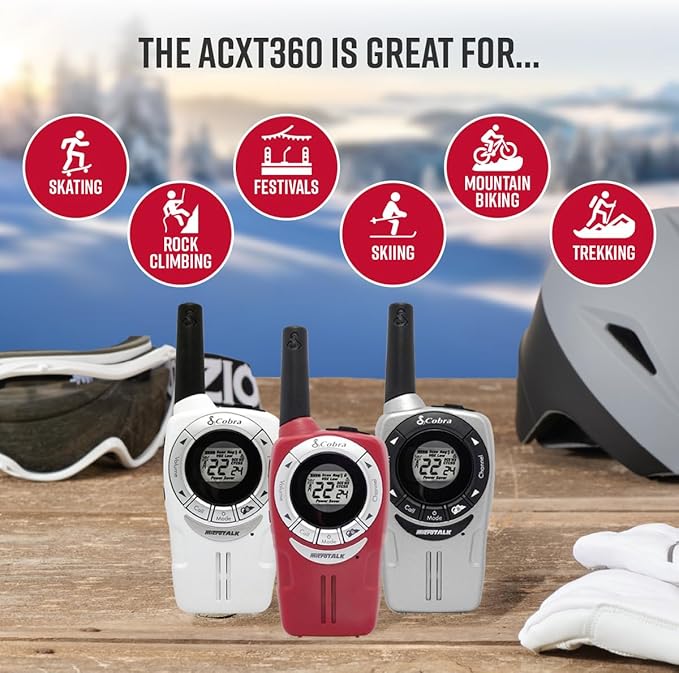 Cobra ACXT360 Water Resistant Walkie Talkies – Rechargeable, 22 Channels, Long Range 25-Mile Range Two-Way Radios 3-Pack, White, Silver and Red-CubbioJoy