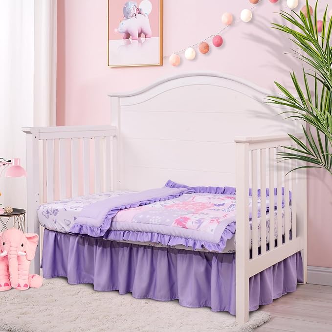 Cloele Crib Bedding Set for Girls, 3 Pieces Floral Butterfly Baby Bedding Set -Includes Comforter Fitted Sheet Crib Skirt,Standard Size Nursery Baby Crib Set for Girls,Purple-CubbioJoy