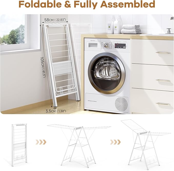 APEXCHASER Drying Rack Clothing, Clothes Drying Rack Foldable, Metal Laundry Drying Rack Collapsible for Sweater Towel Indoor Outdoor, Gullwing Clothes Rack Drying with Height Adjustable Rails, White-CubbioJoy