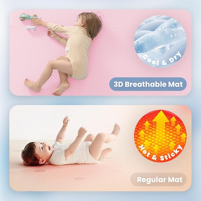 Baby Play Mat for Summer,1.3 Thick Memory Foam Cooling Floor Tummy Time Mat, Soft & Breathable, Non-Slip Rectangular for Toddlers’ Playtime & Rest(Pink,59"x79")-CubbioJoy